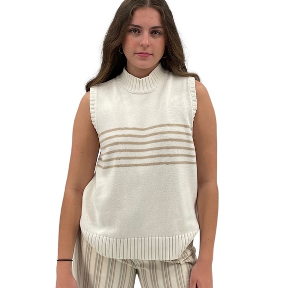 Vintage Liz Claiborne Sleeveless Sweater High Neck Chunky Knit Cream Tan | XL - Picture 2 of 9
